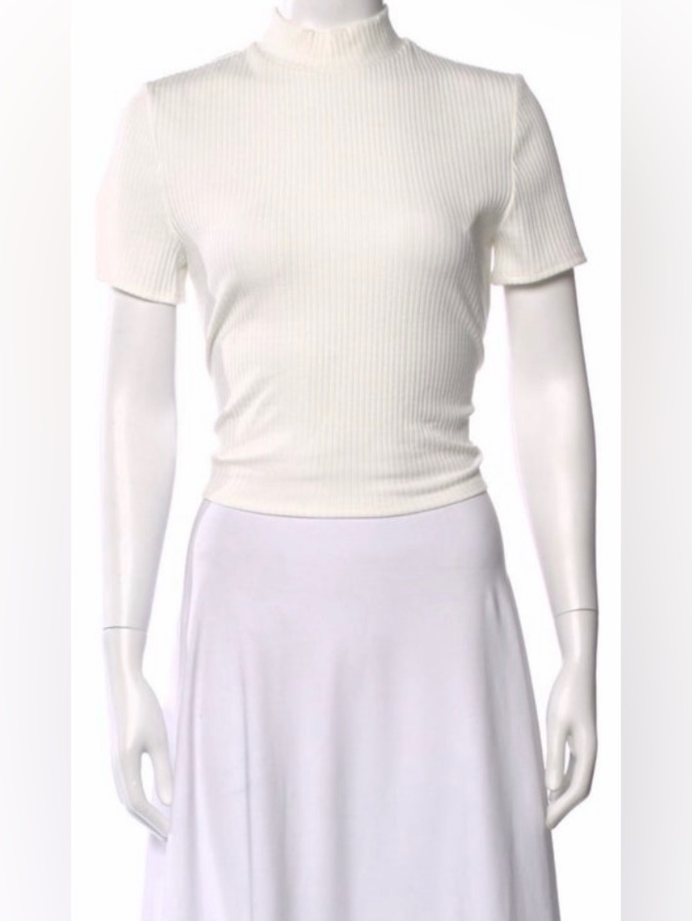 Maje White Ribbed Short-Sleeve Mock Neck Tee